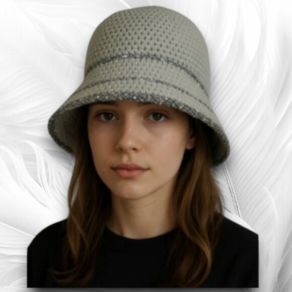 Handmade Crochet Gray Bucket Hat with Sparkling Sequin Trim - Picture 1 of 9